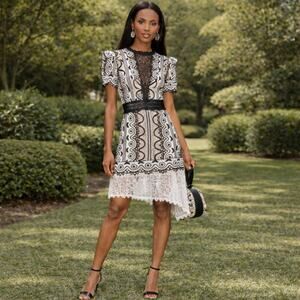 SEA New York SZ 10 Lola Black White Lace Crochet Dress Asymmetrical Hem $445